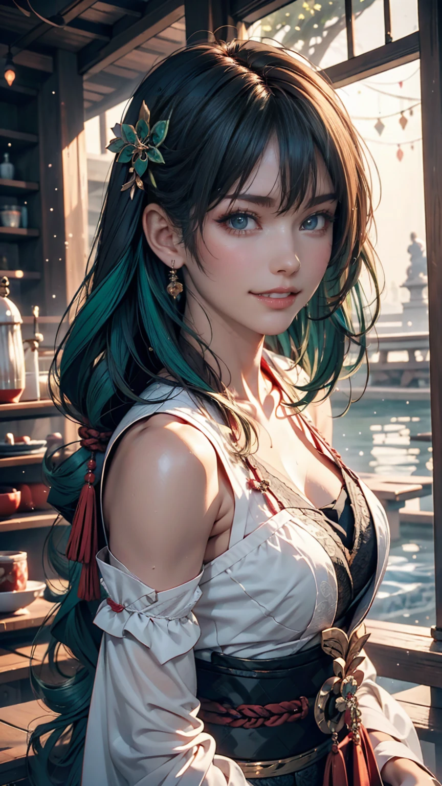 One person, alone, hair ornaments, Green Hair, Twin tails, Long Hair, dress, water,, Mid shot portrait photography (Farzan) From Genshin Impact,, Dark Fantasy Background, Charming grin., By Greg Rutkowski and Walt Disney、Extremely realistic, highly detailed and intricate photorealistic analog style photos。Eyes sharply focused, Cinema Lighting,, , ,超High resolution, High resolution, 8k