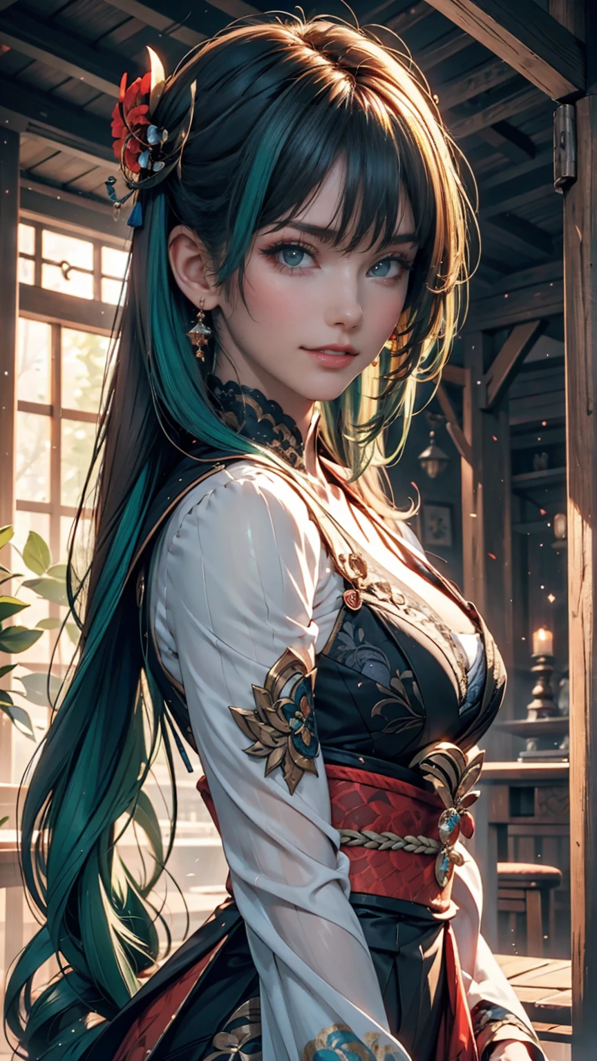 One person, alone, hair ornaments, Green Hair, Twin tails, Long Hair, dress, water,, Mid shot portrait photography (Farzan) From Genshin Impact,, Dark Fantasy Background, Charming grin., By Greg Rutkowski and Walt Disney、Extremely realistic, highly detailed and intricate photorealistic analog style photos。Eyes sharply focused, Cinema Lighting,, , ,超High resolution, High resolution, 8k