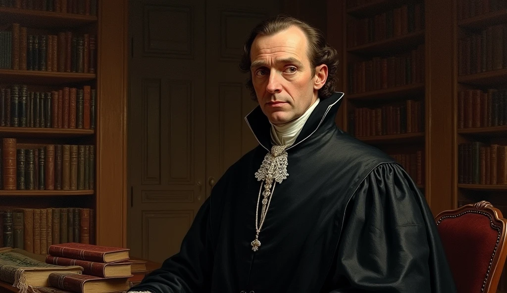 A detailed historical illustration of John Owen, a 17th century puritan, based on authentic historical portraits. He is depicted in a characteristic black clerical attire., including a white lace collar and a peg cape.The image should capture his serious and contemplative expression., reflecting his position as a theologian and influential thinker. The background can be a simple library or office, with wooden furniture and old books