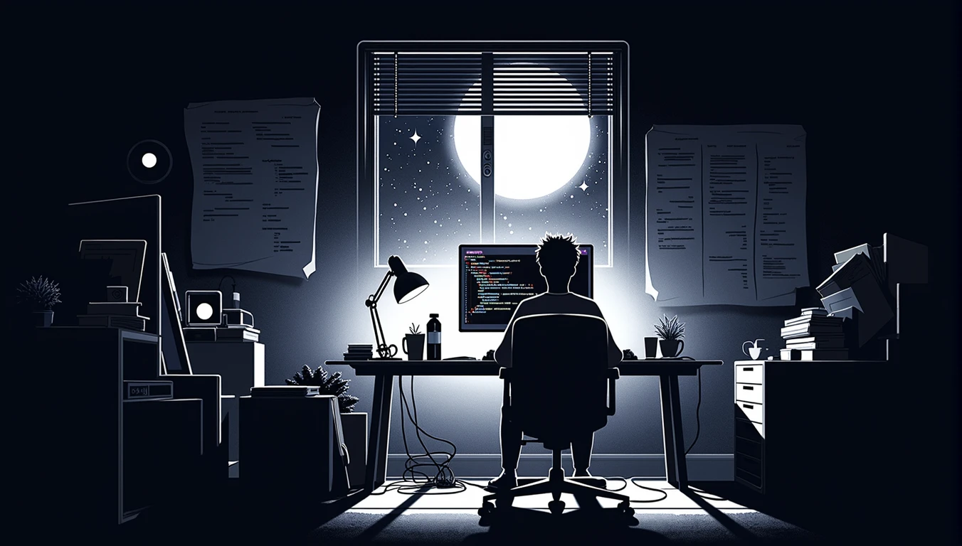 dimly lit office with a man sitting at a desk in front of a window, calm night. digital illustration, detailed 2d illustration, high contrast illustrations, in style of laurie greasley, dan mumford. maya render, background artwork, official illustration, keyframe illustration, 2d digital illustration, laurie greasley, 2 d illustration, programmer, 2d illustration