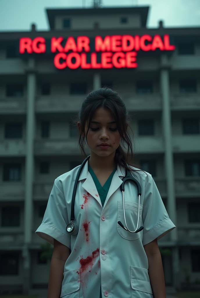 A injury and blood on all body sad
girl doctor photo , a building in background and RG kar medical college Writing on it with red black background