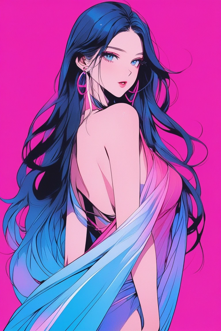 Illustrator, anime , Realistic ,sketch , 1 person, model, Age 25, lip, A revealing, sheer chiffon wrap dress, order, Blue and pink gradient background, Neon medium long hair, Big Breasts, The roundness of your hips is amazing., look back, Sexy look, Texture Trim, Canadian, (masterpiece,Highest quality)