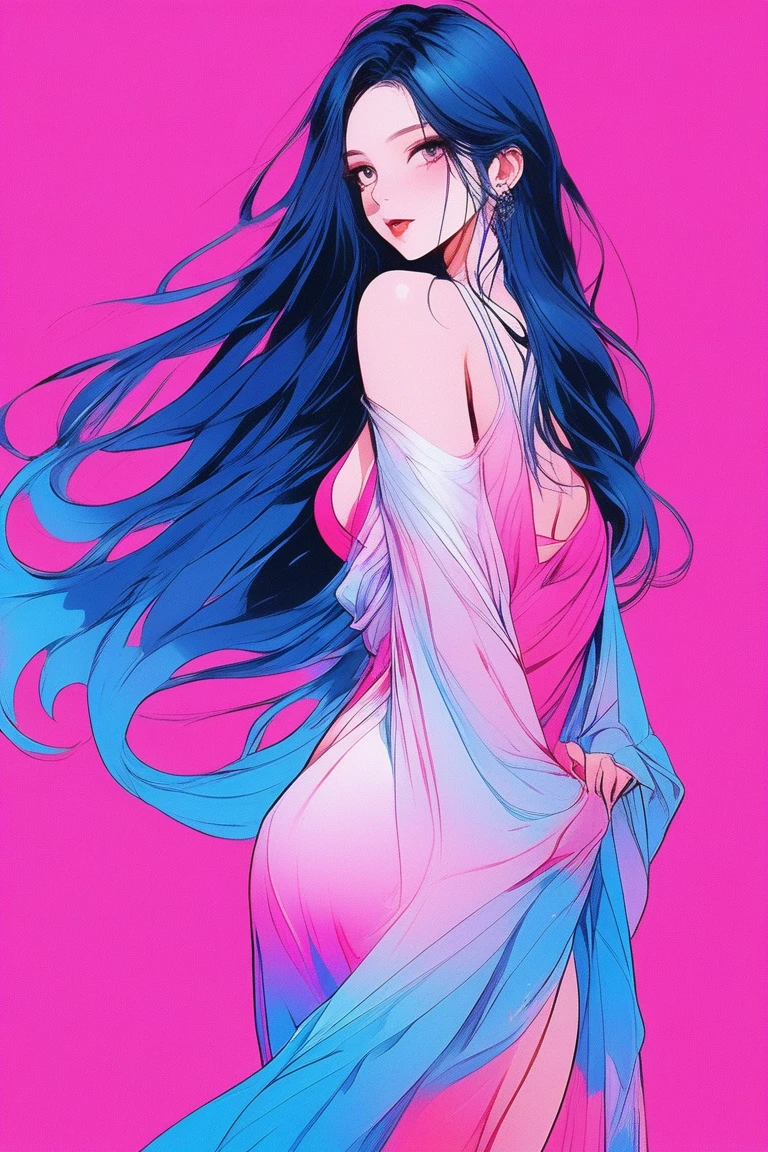 Illustrator, anime , Realistic ,sketch , 1 person, model, Age 25, lip, A revealing, sheer chiffon wrap dress, order, Blue and pink gradient background, Neon medium long hair, Big Breasts, The roundness of your hips is amazing., look back, Sexy look, Texture Trim, Canadian, (masterpiece,Highest quality)
