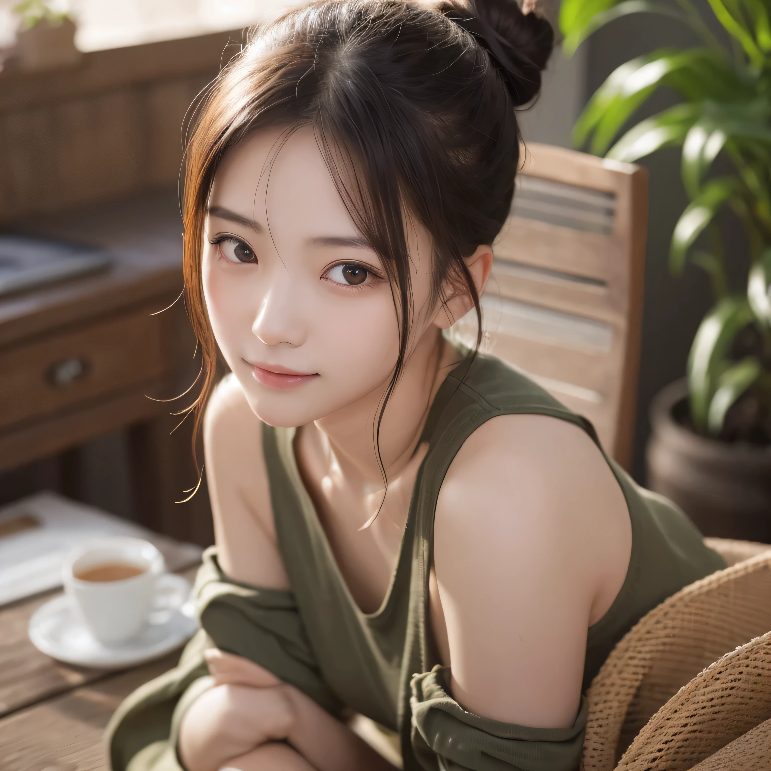 (masterpiece), Very realistic, seductively at the viewer, her cheeks turn red、 Non-NSFW, (Perfect Anatomy), 8k resolution, wonderful, elegant, Hyperrealism, Approaching perfection, dynamic, Very detailedな, Smooth, 超High resolution, Alchemy Smooth upscaled images ,HD resolution, High Quality Boost, Contrast Boost, Professional alchemy,((Hair Bun:1.3,Oversized cargo pants、Military Pants、Tight white tank top、Expressionless、美しいJapanese people women、cute、Small breasts))、university student、22 years old、Hair tied up、1people、Very beautiful Japanese idol portraits、RAW Photos,Highest quality、Genuine、Very delicate and beautiful,Very detailed,2k wallpaper,wonderful,In detail,Highly detailed CG Unity 8K wallpapers,Very detailed,High resolution,Soft Light,Beautiful detailed,Very detailed eyes and face,Beautiful and sophisticated nose,Beautiful and beautiful eyes,Cinema Lighting,(Simple light color background:1.3)、Complete Anatomy、Slender body、Small breasts、smile,{A dimly lit Nordic cafe}、{Lots of houseplants}、 {Morning sunlight filtering through the trees}、{Drink coffee}、{Hair tied up}、{sit cross-legged on a chair}、{Agave on the table}美しいJapanese people women、Sharp focus, Perfect dynamic composition、Tilt your head、Close-up portrait, Model body type、 masterpiece、Highest quality、超High resolution、Ultra-high resolution photos、Smooth upscaled images 、HD resolution,、High Quality Boost,、Contrast Boost、Hyperrealism、Super fine、8k、elegant、 1people、Japanese people women、美しいJapanese people women、Ultra detailed face,、A captivating smile、cute、White skin、Fair skinの美しい肌、Brown eyes、Beautiful symmetrical face、Small face、Age 25、Beautiful black hair、 Beautiful small breasts、Skin between genuine people、Perfect figure、Perfect Anatomy's Body Type、whole body photos、Detailed and realistic people bodies、Detailed and realistic skin、Realistic face in every detail、Detailed and realistic eyes、Detailed and realistic lips、Detailed and realistic teeth、Detailed and realistic ears、Detailed and realistic hair、Beautiful Hands、Realistic feet down to the last detail、Realistic breasts down to the last detail、Realistic areola down to the last detail、Realistic nipples down to the last detail、Realistic female genitalia down to the smallest detail、Realistic vagina down to the last detail、Detailed and realistic clitoris、Realistic anus down to the last detail、Thick pubic hair with realistic detail、whole body、whole bodywhite skin、Fair skin、Check and fix the skeleton、Pubic hair is thick、Thick pubic hair、 Completely naked、urination、Pleasant expression、Blushing cheeks and an ecstatic expression, Leaking urine、A sex toy is inserted into the anus、Put your arms behind your back、Open your mouth、 Scandinavian-style cafe、Scandinavian interior、Wooden table、Surrounded by plants、