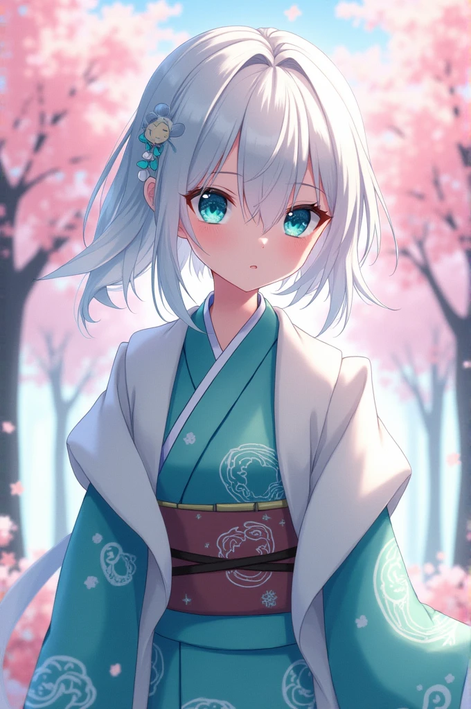 An anime character with white hair, wearing a white shawl, sporting a Qing feng style haircut like scissor seven, with blue-green eyes and a Qing feng style kimono.