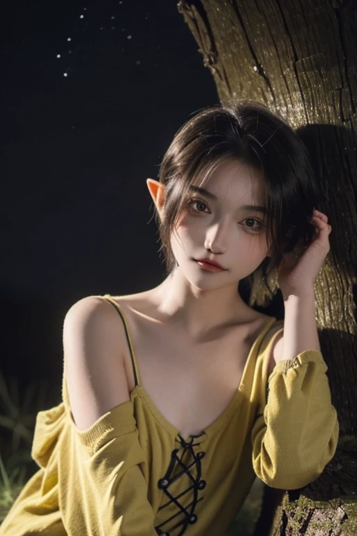 15 year old girl, short hair, yellow color, elf face slavic, freckles on the face, Skinny body, small bust, naked, Whole body, in the forest at night, the sky full of stars