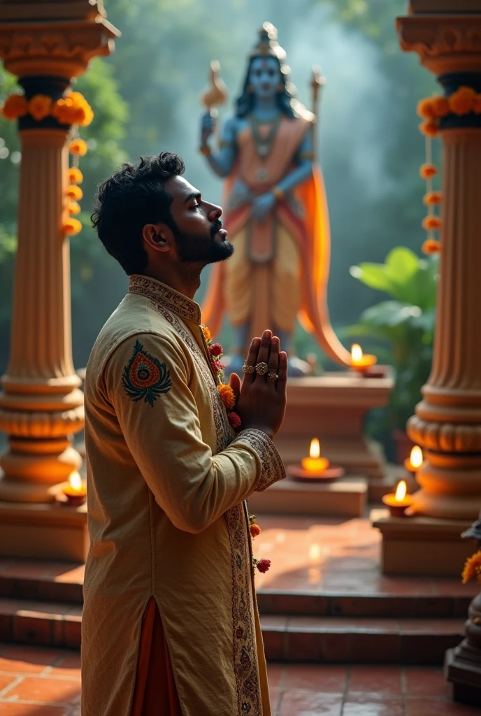 Create an realistic image of an adult male praying to lord shiva in a indian traditional and modern dress fusion