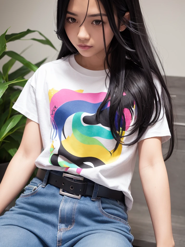 One person, ｔShirtBlack Hair, Colorful Hair, Long Hair, Jeans belt