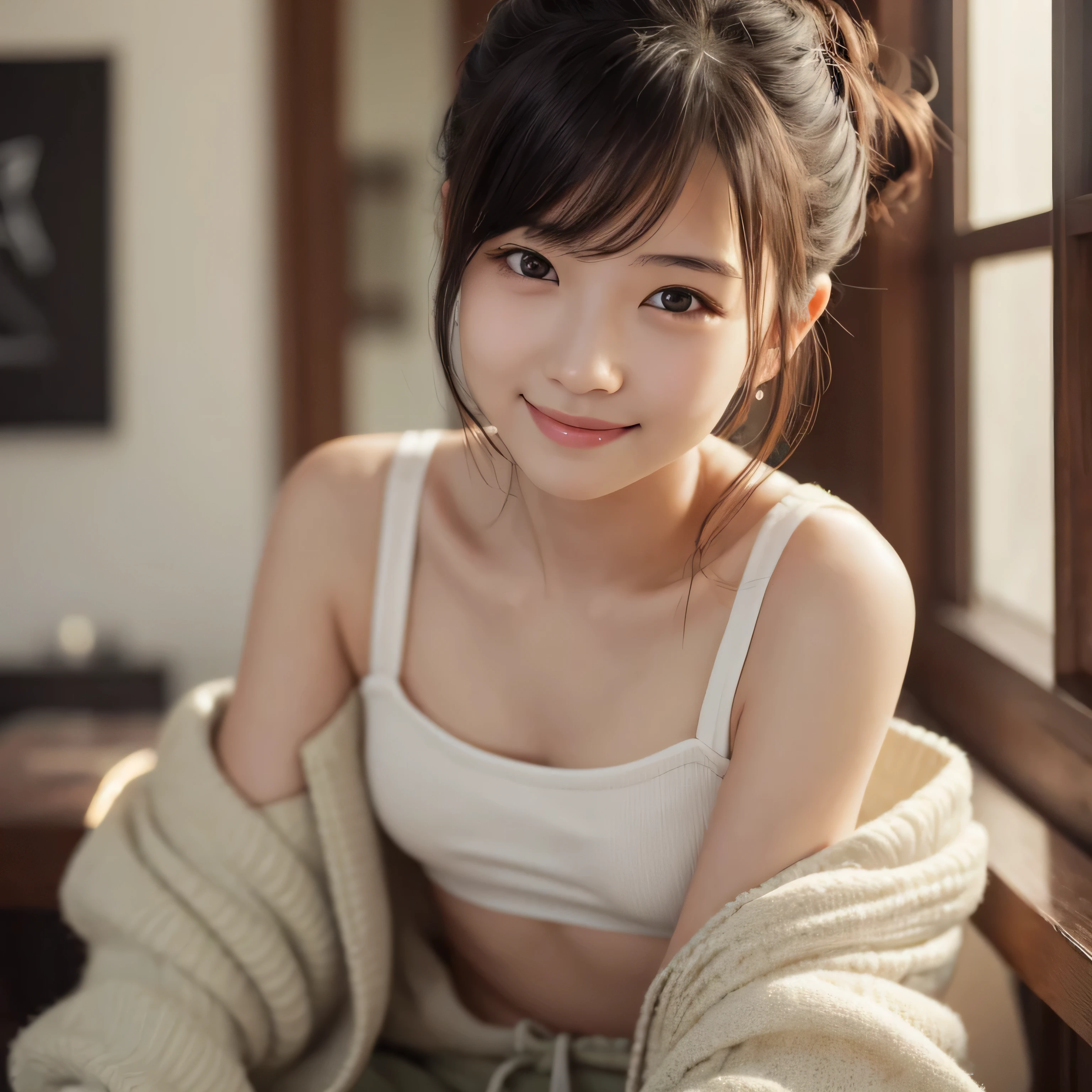 (masterpiece), Very realistic, seductively at the viewer, her cheeks turn red、 Non-NSFW, (Perfect Anatomy), 8k resolution, wonderful, elegant, Hyperrealism, Approaching perfection, dynamic, Very detailedな, Smooth, 超High resolution, Alchemy Smooth upscaled images ,HD resolution, High Quality Boost, Contrast Boost, Professional alchemy,((Hair Bun:1.3,Oversized cargo pants、Military Pants、Tight white tank top、Expressionless、美しいJapanese people women、cute、Small breasts))、university student、22 years old、Hair tied up、1people、Very beautiful Japanese idol portraits、RAW Photos,Highest quality、Genuine、Very delicate and beautiful,Very detailed,2k wallpaper,wonderful,In detail,Highly detailed CG Unity 8K wallpapers,Very detailed,High resolution,Soft Light,Beautiful detailed,Very detailed eyes and face,Beautiful and sophisticated nose,Beautiful and beautiful eyes,Cinema Lighting,(Simple light color background:1.3)、Complete Anatomy、Slender body、Small breasts、smile,｛A dimly lit Nordic cafe｝、｛Lots of houseplants｝、 ｛Morning sunlight filtering through the trees｝、｛Drink coffee｝、｛Hair tied up｝、｛sit cross-legged on a chair｝、｛Agave on the table｝美しいJapanese people women、Sharp focus, Perfect dynamic composition、Tilt your head、Close-up portrait, Model body type、 masterpiece、Highest quality、超High resolution、Ultra-high resolution photos、Smooth upscaled images 、HD resolution,、High Quality Boost,、Contrast Boost、Hyperrealism、Super fine、8k、elegant、 １people、Japanese people women、美しいJapanese people women、Ultra detailed face,、A captivating smile、cute、White skin、Fair skinの美しい肌、Brown eyes、Beautiful symmetrical face、Small face、Age 25、Beautiful black hair、 Beautiful small breasts、Skin between genuine people、Perfect figure、Perfect Anatomy&#39;s Body Type、whole body photos、Detailed and realistic people bodies、Detailed and realistic skin、Realistic face in every detail、Detailed and realistic eyes、Detailed and realistic lips、Detailed and realistic teeth、Detailed and realistic ears、Detailed and realistic hair、Beautiful Hands、Realistic feet down to the last detail、Realistic breasts down to the last detail、Realistic areola down to the last detail、Realistic nipples down to the last detail、Realistic female genitalia down to the smallest detail、Realistic vagina down to the last detail、Detailed and realistic clitoris、Realistic anus down to the last detail、Thick pubic hair with realistic detail、whole body、whole bodywhite skin、Fair skin、Check and fix the skeleton、Pubic hair is thick、Thick pubic hair、 Completely naked、urination、Pleasant expression、Blushing cheeks and an ecstatic expression, Leaking urine、A sex toy is inserted into the anus、Put your arms behind your back、Open your mouth、 Scandinavian-style cafe、Scandinavian interior、Wooden table、Surrounded by plants、