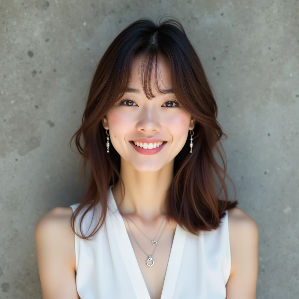 Natural Makeup、Beautiful woman、Beautiful Japanese、Brown hair color、Earrings、White sleeveless blouse、The body is tilted and looking at the camera.、Smiling Kindly、Thready hair、Simple concrete background、No bangs、Heavy ends below the collarbone、Destructive beauty、Straight Hair、Cute adult woman、Half face、gloss髪、Long bangs、gloss々のStraight Hair、Western style、A different woman from last time