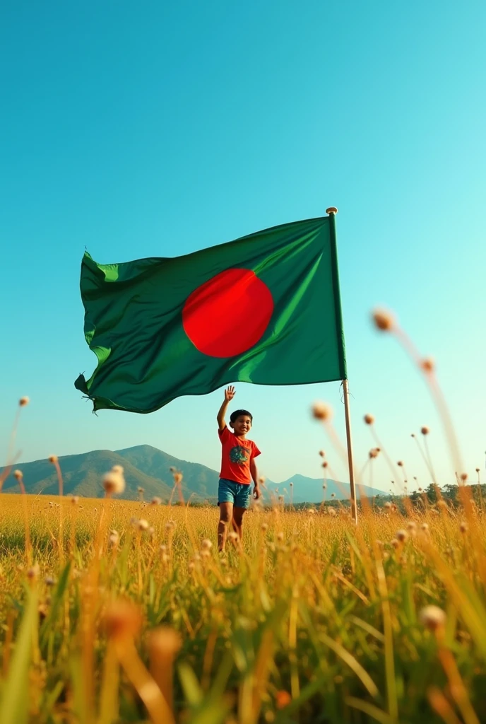 A salutes standing in back of a 12 feet long Bangladeshi flag in a field