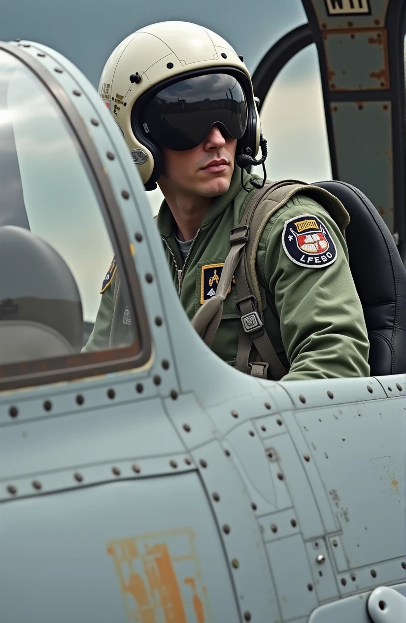 A striking airy close-up cropped view of a fighter pilot's flight suit, featuring a single round white embroidered patch placed high up on the upper part of the sleeve.