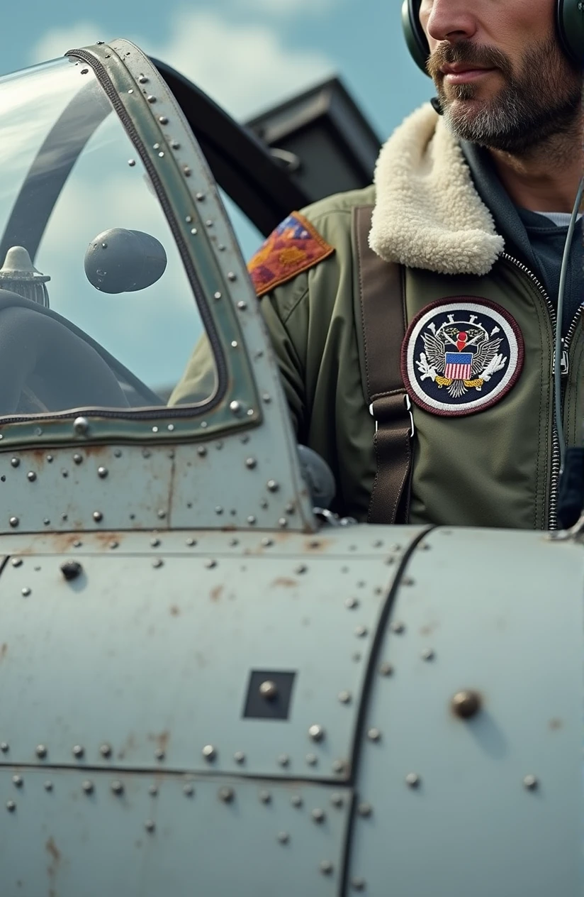 A striking airy close-up cropped view of a fighter pilot's flight suit, featuring a single round white embroidered patch placed high up on the upper part of the sleeve.