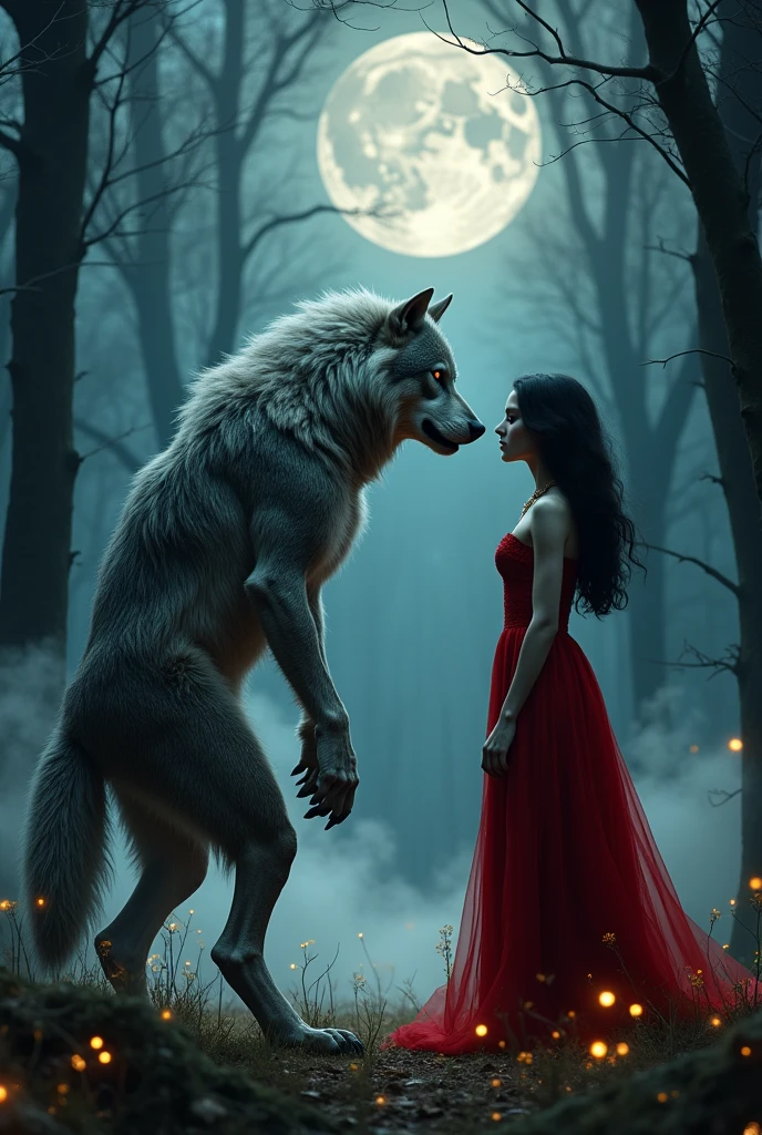 Draw a werewolf looking in profile at a vampire girl 
