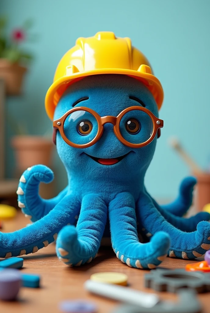 A stuffed octopus in dark blue and light blue, wearing glasses, with kind eyes that convey joy and sympathy, and sporting a yellow construction helmet, holding a gear.