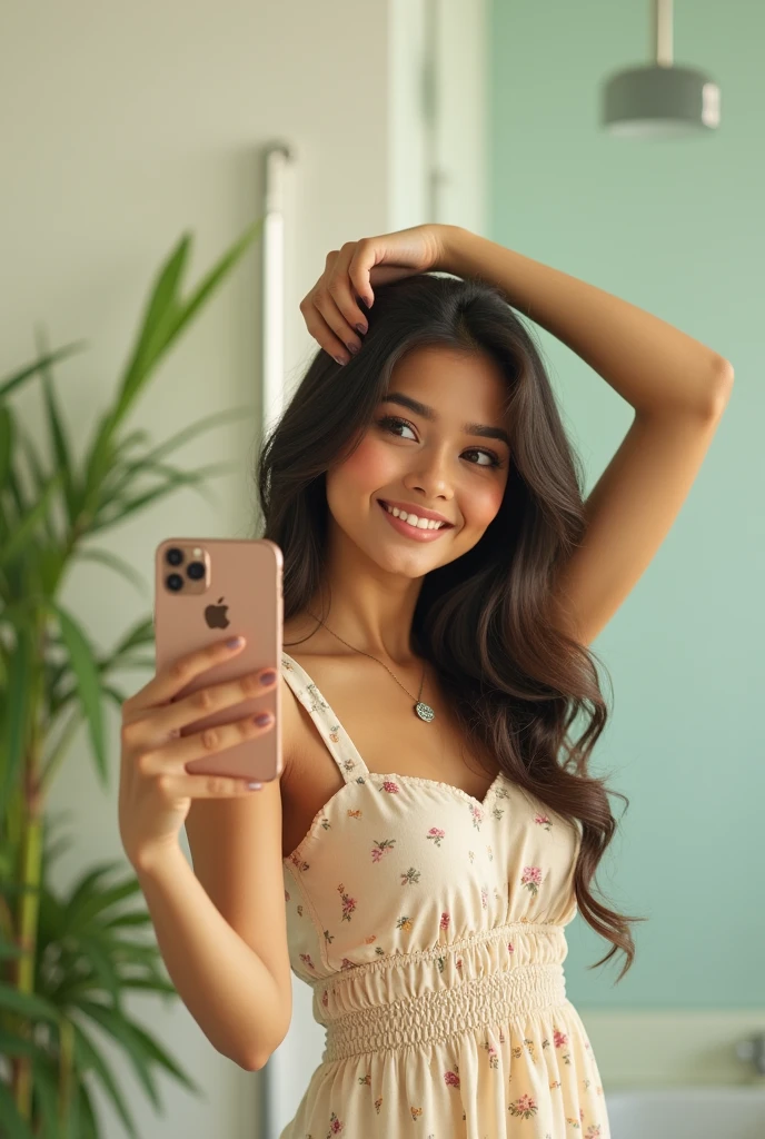 1cute confident indian girl taking a mirror selfie with iPhone smart phone wearing summer dress height 160 centimetres, build, fair skin, average hair length of 60 centimetres, photorealistic, detailed skin texture, faint smile, 1hand above her head,