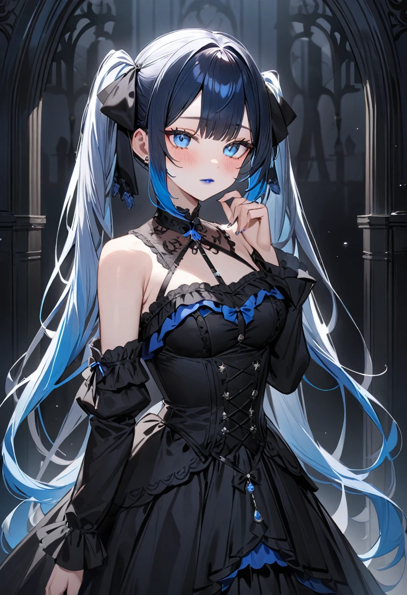 (masterpiece, top quality, very aesthetic, 4k、illustration), intricate detail, 1woman,solo,contrapposto 、from side、Strong glowing eyes、Fair skin,(upper body)、sleepy 、twintails、(Blue lipstick),beautiful face、Blushing,(gradient hair)、multicolored hair,middle hair,sidelock ,blue eyes、gothic ta dress、medium breasts、slender 、