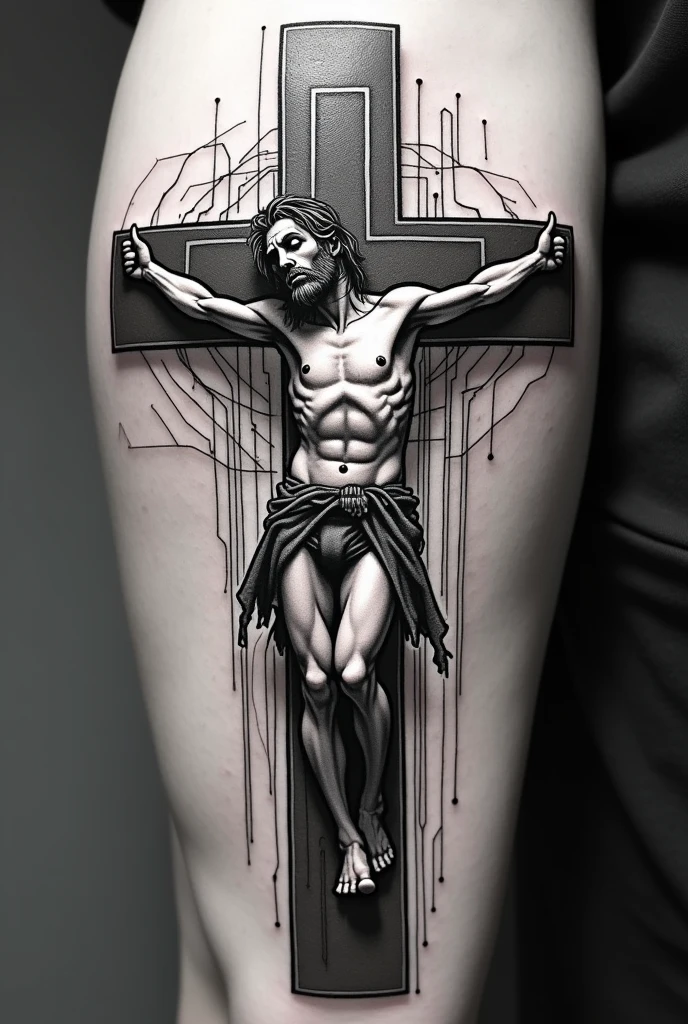cyber sigilism tattoo with a cross with lucifer crucified on it, make it black and white