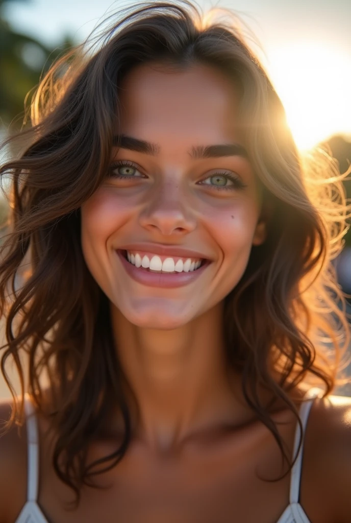 Beautiful brunette, who wears a belle (22 ans, visage innocent, naturally wavy hair, blue eye), ((Selfie on the skin du corps, a happy one)), masterpiece, best quality, ultra-detail.