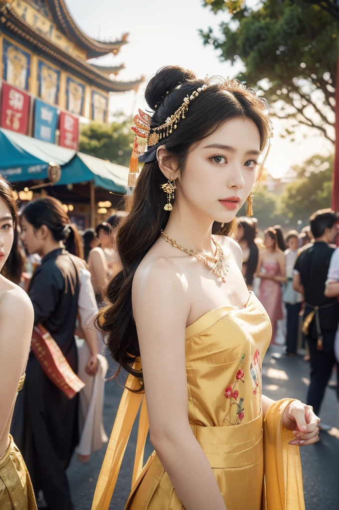 (((best quality))),(((ultra detailed))),(((masterpiece))),illustration,
((1 beautiful young girl,solo)),(bun hair:1.2)((slim,thin)),((small breasts,flat chest)),attractive, traditional Chinese attire,(Gorgeous and intricate headdress:1.3),((earrings,intricate necklace)),(strapless Exquisite embroidered maxi sleeveless sparkled dress:1.3),(slender legs:1.2),(standing:1.3),vibrant patterns, radiant complexion, joyful expression,(temple fair:1.3), bustling atmosphere, summer afternoon, sunny weather, cultural festival, street food, roasted skewers, steaming dumplings, sweet cotton candy, stalls, crafts, clothing, appreciative onlookers, sunset, ancient tradition, modern beauty, captivating scene, enchanting,(day scene:1.2),(surrounded by crowded crowds:1.3),((from front,upper body))