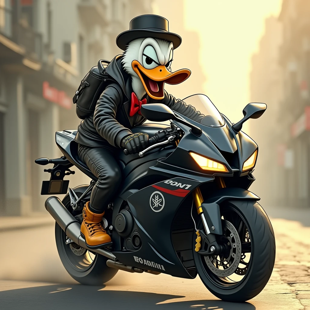 Donald Duck, a gangster on a black Yamaha R1 motorcycle, angry in the style of an old fable.

