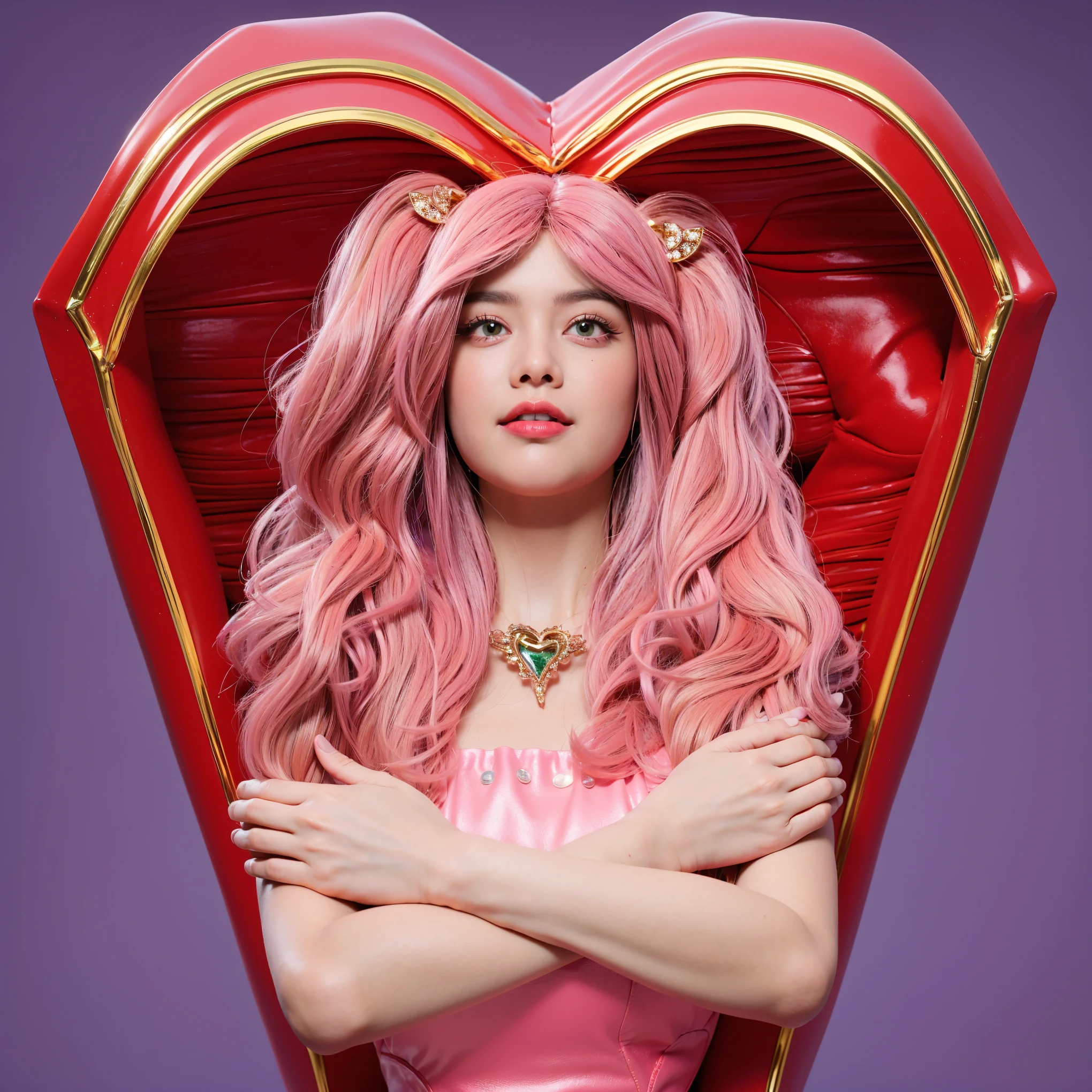 This image features a character with vibrant green hair and a lively expression, contributing to a playful and imaginative atmosphere. She is dressed in a purple jumper adorned with large yellow polka dots and a striking red collar, enhancing her colorful and whimsical appearance. Her hair is accessorized with pink clips, and her cheeks are embellished with glittery makeup, emphasizing a festive or theatrical theme. Her dynamic pose, with hands extended as if in a dance or during a playful activity, along with her bright smile, suggests she is engaged in a joyful moment. The solid blue background serves to highlight her colorful ensemble and the lively energy she embodies, possibly depicting a scene from a children's show or a fantasy narrative.. he purple background complements the costume, creating a vibrant and engaging scene. (glossy plastic texture with multiple big light probe refractions), perfect cgi, smooth silhouette, high intensity refraction, (super glossy plastic material), most beautiful vfx, , realistic, 4k, high resolution, rim light, smooth 3d model, multiple light sources, rim light, sharp post effects render,, realistic, 4k, high resolution, rim light detailed digital art, reflective, best quality, 4k, masterpiece:1.2, ultra-detailed, realistic, vivid colors, The image of the highest quality, ensuring every detail showcased perfectly. It in 4k resolution, allowing viewers to immerse themselves in the richness of the colors and intricate details. The realistic rendering. under the spotlight, reflecting, high-resolution image, realistic rendering
