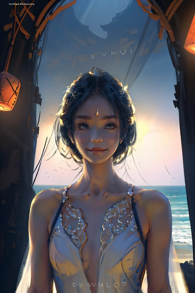 (practical, Photorealistic:1.37), (masterpiece, Highest quality:1.2), (Ultra-high resolution:1.2), (Original photo:1.2), (Clear focus:1.3), (Face Focus:1.2), (Highly detailed CG Unity 8k wallpaper:1.2), (Beautiful Skin: 1.2), (Pale skin:1.3), (Super sharp focus: 1.5), (Super sharp focus:1.5), (Beautiful and clean face:1.3), (Very Detailed Background, Detailed Background:1.3), bokeh, Depth of written boundary, rest, Image of a Very Cute and Beautiful Japanese Woman, (bride), business suit, (22 years old:1.1), Smiling girl portrait, Full body image, from the front, Symmetrical Configuration, (Studio Lighting:1.3), (Cinema Lighting:1.3), (Rear window lighting is backlit:1.3), (surface light:1.3), Light Enveloping Her Entire Body, Looking straight at you, Persistence, Sexy model posing, rest, (Chestnut Half-Hair:1.2), Dark brown eyes, Beautiful Eyes, Princess Eyes, Mahogany Hair, A single hair, bangs, slim, Abdominal muscles, (Huge breasts;1.35), (Willow West:1.15), (Details of a beautiful girl:1.4), (Pure White Elegant and Gorgeous Lace Silk Wedding Dress:1.3), (baliOcean view背景:1.2), (smile, happiness:1.3), ((Perfect female body)), (Upper body image:1.3), Encircling the head, Perfect Dramatic, Volumetric lighting, Professional majestic oil painting, Glowing Skin, CT Anatomy, Perfect Proportions, 8.Five Really Small, Face Focus, Ultra practical Photo, Extremely clear images, Ultra-high definition images, bali, Ocean view, Beach, external, ((walking Beach:1.2)),