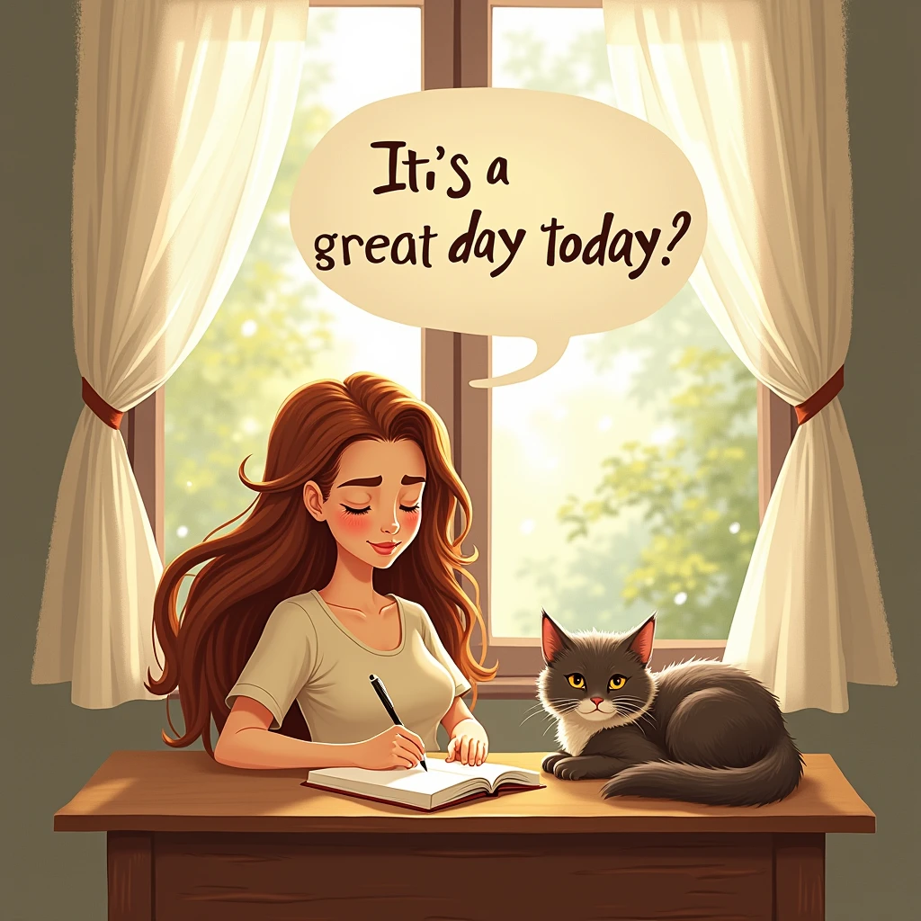 The woman is sitting at a desk writing in a notebook、The cat is cuddling with her、The speech bubble says。 "It's a great day today"