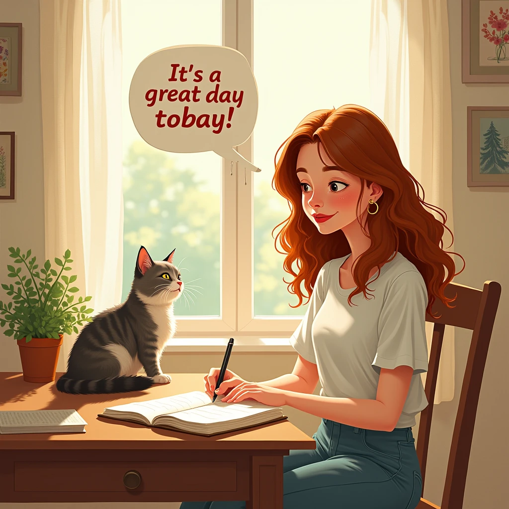 The woman is sitting at a desk writing in a notebook、The cat is cuddling with her、The speech bubble says。 "It's a great day today"