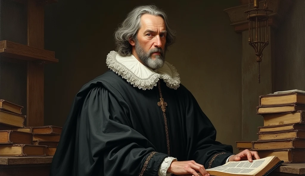 A historical illustration of Thomas Goodwin, a 17th century puritan, Based on historical portraits. He should be portrayed in traditional clerical garb of the period, including a black gown and a white lace collar. Goodwin has graying hair and a neatly trimmed beard. His expression should convey a combination of wisdom and seriousness. The background can be a simple and austere office, with a wooden table, old books and an environment that reflects the intellectual and theological context of the time."
