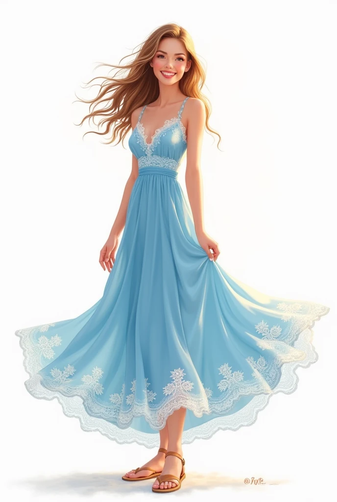 Illustration ReV Animated d'une femme portant une robe d'été bleu avec de la dentelle blanche, souriante, centrée sur fond blanc uni