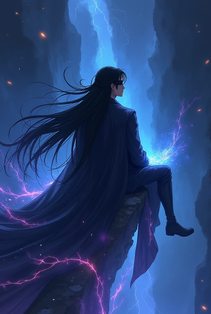 Create a man with the power to manipulate energies, with long black hair and blindfolded, in an anime appearance, make him sitting on an abyss.