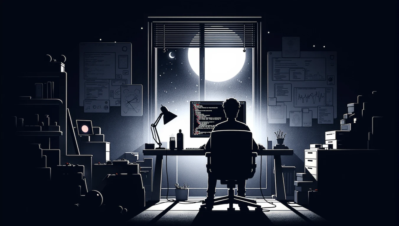 dimly lit office with a man sitting at a desk in front of a window, calm night. digital illustration, detailed 2d illustration, high contrast illustrations, in style of laurie greasley, dan mumford. maya render, background artwork, official illustration, keyframe illustration, 2d digital illustration, laurie greasley, 2 d illustration, programmer, 2d illustration