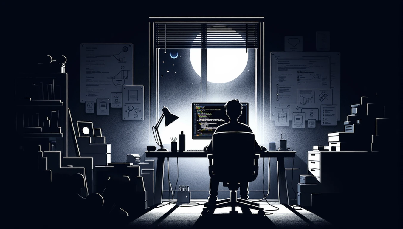 dimly lit office with a man sitting at a desk in front of a window, calm night. digital illustration, detailed 2d illustration, high contrast illustrations, in style of laurie greasley, dan mumford. maya render, background artwork, official illustration, keyframe illustration, 2d digital illustration, laurie greasley, 2 d illustration, programmer, 2d illustration