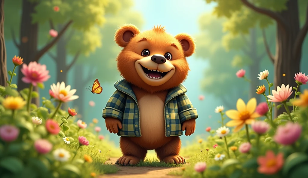 A human-bear with a bear nose and protruding front teeth man chubby clothes