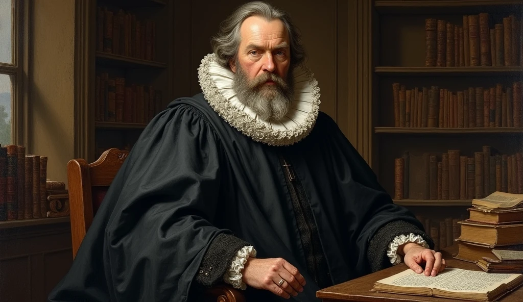 A historical illustration of Thomas Goodwin, a 17th century puritan, Based on historical portraits. He should be portrayed in traditional clerical garb of the period, including a black gown and a white lace collar. Goodwin has graying hair and a neatly trimmed beard. His expression should convey a combination of wisdom and seriousness. The background can be a simple and austere office, with a wooden table, old books and an environment that reflects the intellectual and theological context of the time."