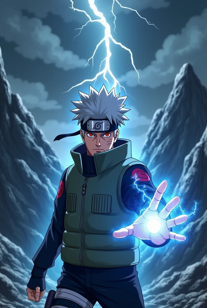Kakashi Hatake using his chidori jutsu with angry face , and lightning ora