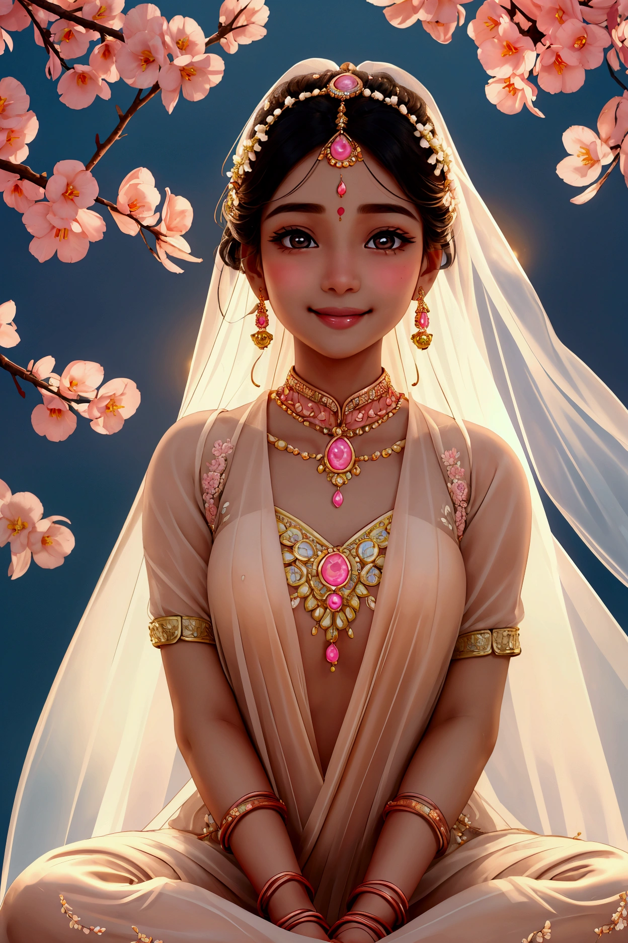 Beautiful and charming Indian bride、Translucent wheat-colored skin、Half-body photo、Attractive oval face、double eyelid、Bright peach blossom eyes、Pink Lips、Small Nose、Concentrated face、smile、Face close-up、Ultra-high resolution、Super detailed、Graceful posture、Bridal attire。