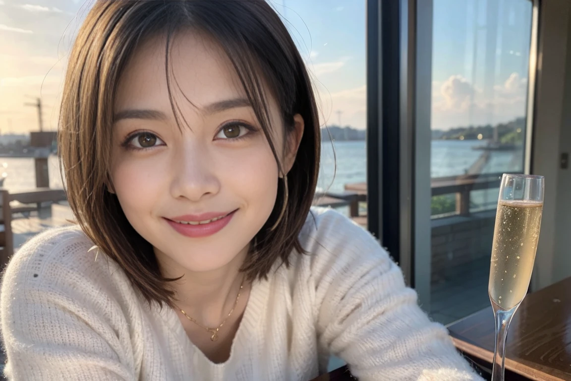 （Realistic:1.1）,(masterpiece,Highest quality)，8k,(49 years old), 53 years old, ベリーslimボディ、slimカップル、Tight waist,Upper Body,sashimi、Tempura、Japanese sake、Shochu 、Amazing view of the sunset sky and clouds、Perfect ???????, Brown Hair, short hair,Random Hairstyles,((Highly detailed face and eyes:1.2))，Perfect golden ratio face，Long sleeve shirt、dress,(smile:1.2)、Shortcuts、cute、(Realistic, Intricate details:1.2), A bright smile、short hair,Bright Face、Champagne、sparkling wine、(slimな顔), (The body is slim), (Brown Hair), (Shortcuts),  Upper Body, slim, wine glass, 