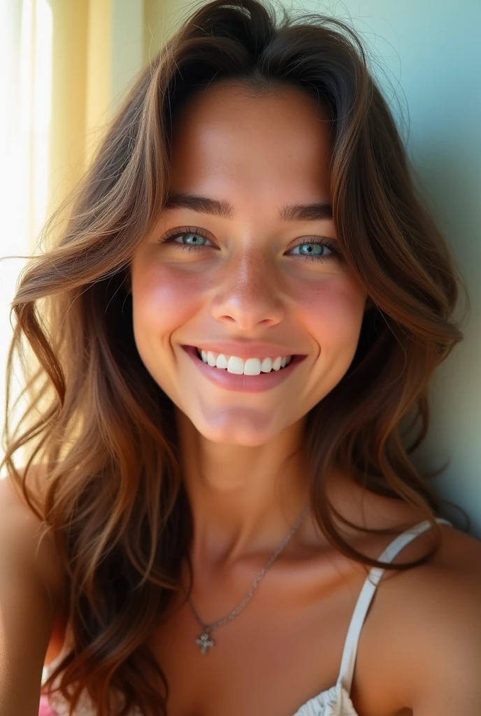 Beautiful brunette, who wears a belle (22 ans, visage innocent, naturally wavy hair, blue eye), ((Selfie on the skin du corps, a happy one)), masterpiece, best quality, ultra-detail.