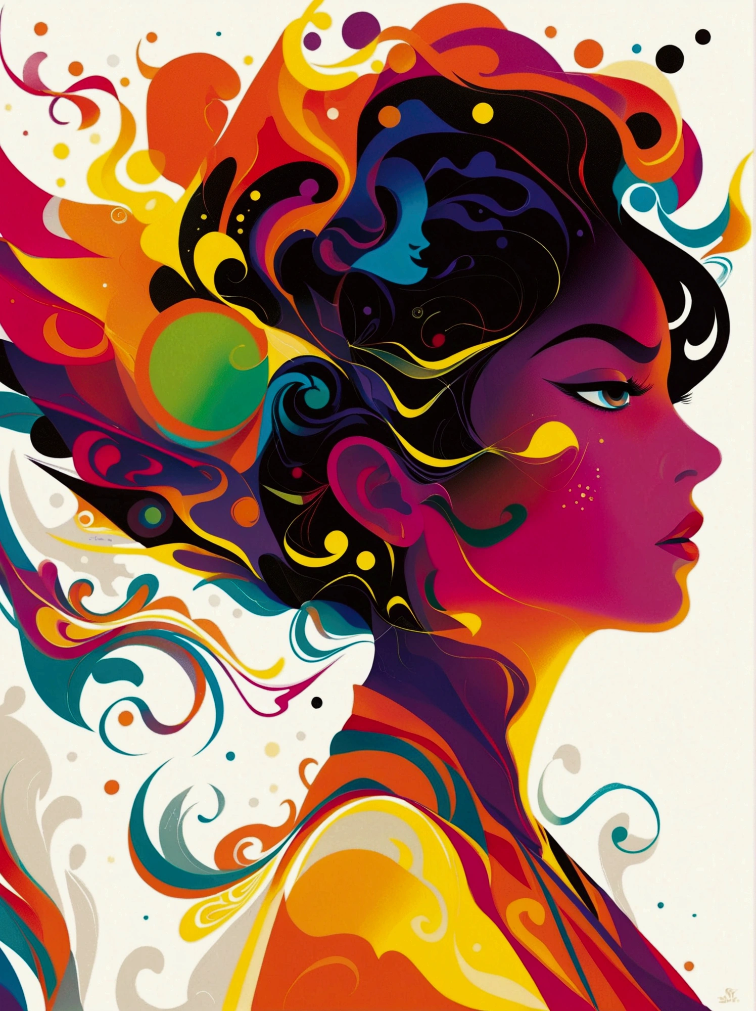 (negative space:1.5), a Woman, colorful cartoon-style illustration from an award winning animated movie, illustrated in bold outlines, showcasing its colors and shapes. The character is depicted adorned colorful energy against a white background, mythical creature, shsw 