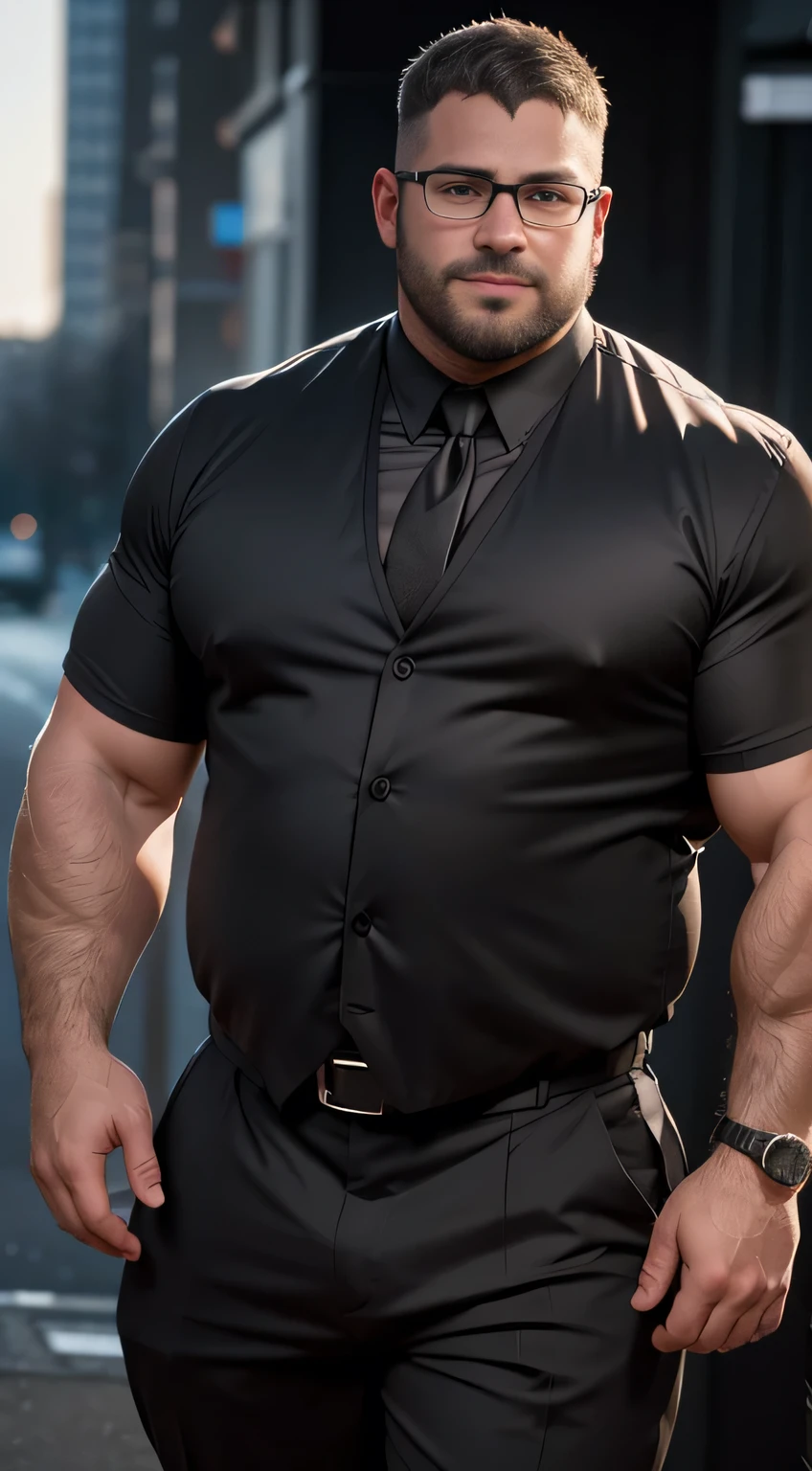 Award-winning original photos,A wild fat man, (35-year-old father:1.1), 1 boy, Solitary, (Gray suit), (Black pants), (Black dress shirt), (Gray tie), (Broad shoulders), Muscle tissue, Stubble, Short beard, beautiful eyes:1.3, ), (Delicate face:1.3), wear glasses, Smile, Dynamic Angle, Volumetric Lighting, (best quality, high resolution, Reality), Movie Lighting, masterpiece, RAW photos, Intricate details, HDR, Depth of Field, Upper body shooting