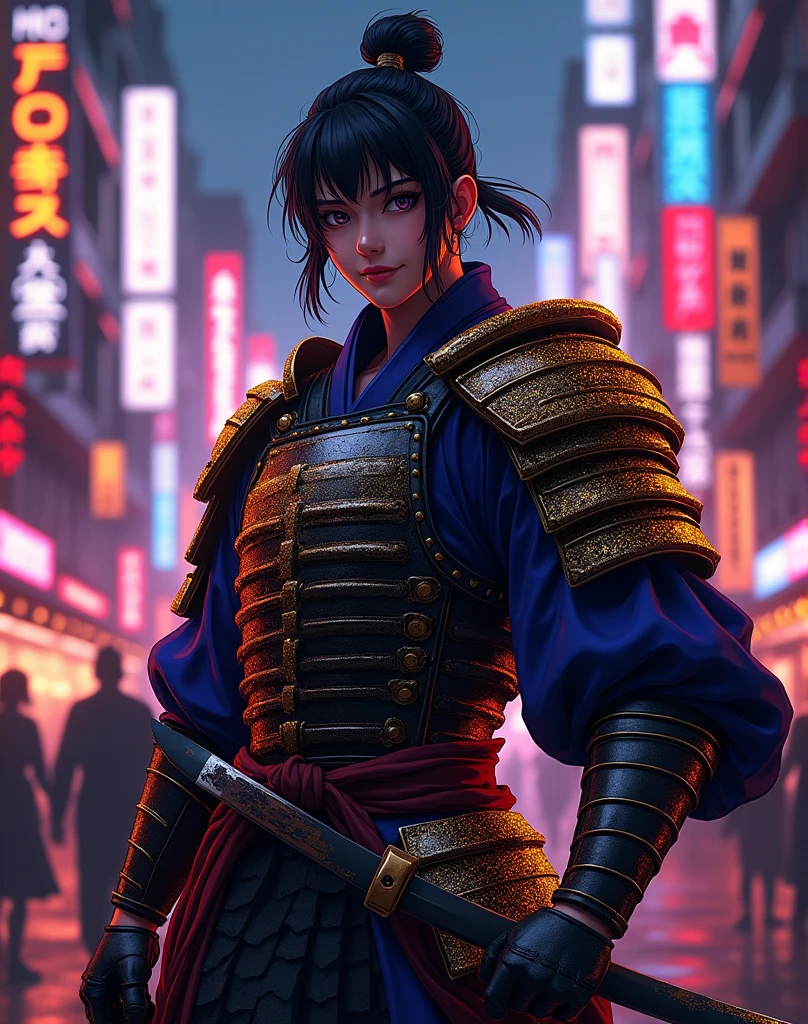 A anime-style ((samuray-japan)), detailed comic-book, body crazy, glowing gollden black glitter neon lights, smile excessive, insane pose, cityscape of tokio Mediaeval in the background, cinematic lighting, best quality, 8k, highres, masterpiece, ultra-detailed, realistic, photorealistic, photo-realistic, intricate Mediaeval details, advanced dark technology, dramatic shadows, moody color palette, aesthetics, dynamic lighting, cinematic composition