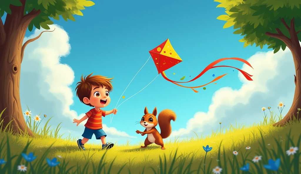 Leo, a young boy with a cheerful smile, holds a colorful kite with a long red tail. Beside him, Nutty, a lively squirrel, A sudden gust of wind blows the kite out of Leo’s hands. The kite is shown twisting in the air, its strings trailing behind as it gets caught in the branches of a tall oak tree. Leo looks up in surprise, his hands outstretched, while Nutty stands beside him, also gazing up at the tree.
