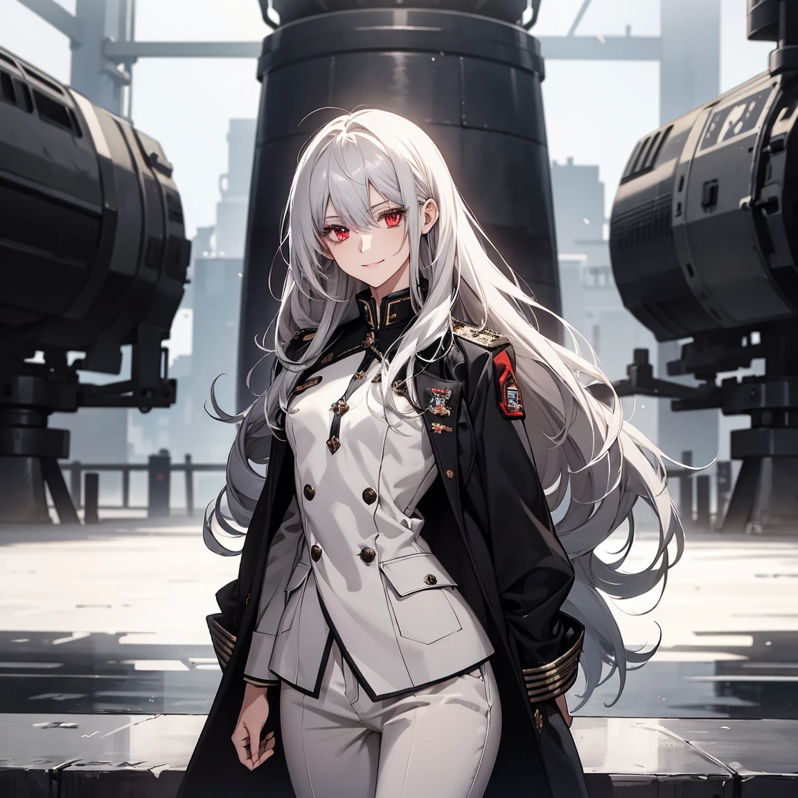 (Confused, High resolution, Very detailed), 1 female, Silver Hair,Long Hair,Bright red eyes,White and black military uniform,24th generation,beauty,mature,thin,quiet,Calm,A small smile,A kind smile,In front of people you like,Long coat,Slender and thin,boots,skinny pants,observatory,Small breasts,