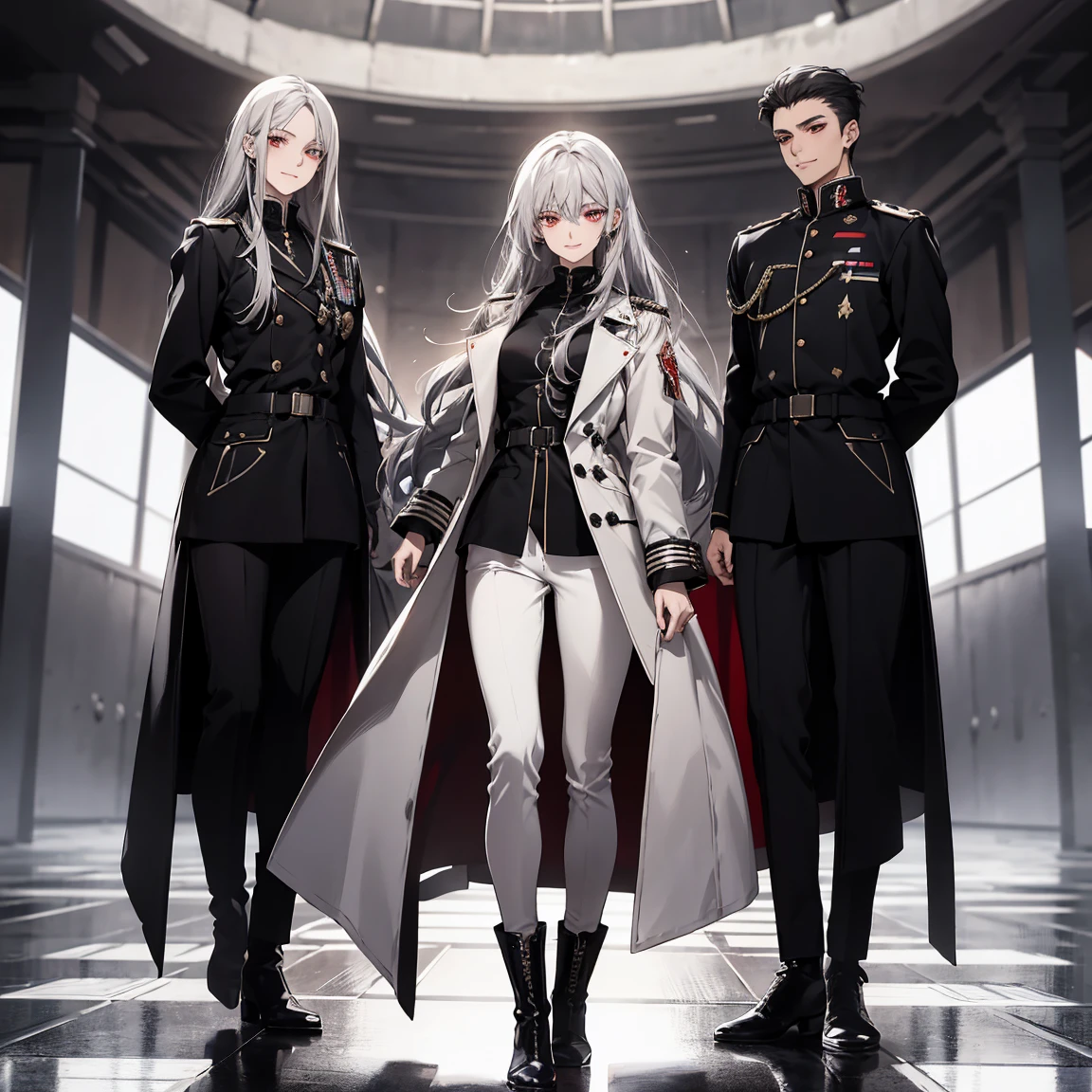 (Confused, High resolution, Very detailed), 1 female, Silver Hair,Long Hair,Bright red eyes,White and black military uniform,24th generation,beauty,mature,thin,quiet,Calm,A small smile,A kind smile,In front of people you like,Long coat,Slender and thin,boots,skinny pants,observatory,Small breasts,