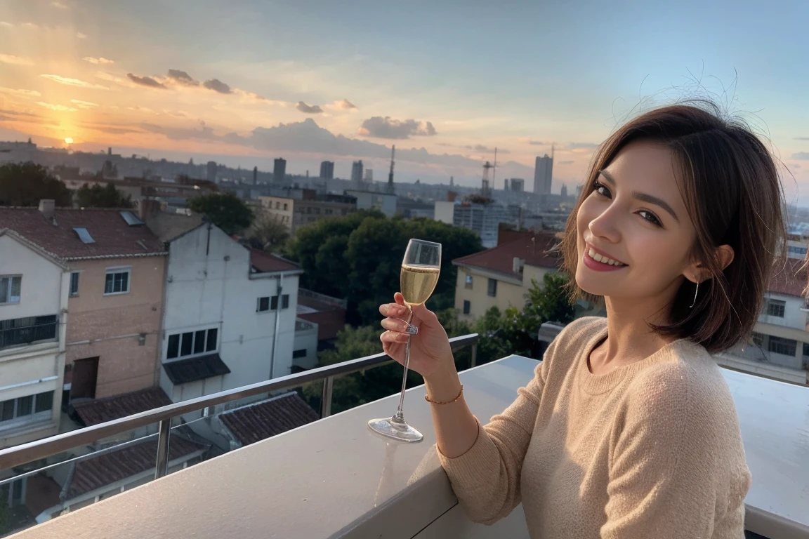 （Realistic:1.1）,(masterpiece,Highest quality)，8k,(49 years old), 53 years old, ベリーslimボディ、slimカップル、Tight waist,Upper Body,sashimi、Tempura、Japanese sake、Shochu 、Amazing view of the sunset sky and clouds、Perfect Anatomy, Brown Hair, short hair,Random Hairstyles,((Highly detailed face and eyes:1.2))，Perfect golden ratio face，Long sleeve shirt、dress,(smile:1.2)、Shortcuts、cute、(Realistic, Intricate details:1.2), A bright smile、short hair,Bright Face、Champagne、sparkling wine、(slimな顔), (The body is slim), (Brown Hair), (Shortcuts),  Upper Body, slim, wine glass, 