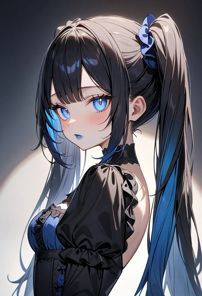 (masterpiece, top quality, very aesthetic, 4k、illustration), intricate detail, 1woman,solo,contrapposto 、(from side)、Strong glowing eyes、Fair skin,(upper body)、sleepy 、twintails、(Blue lipstick),beautiful face、Blushing,(gradient hair)、multicolored hair,middle hair,sidelock ,blue eyes、gothic ta dress、medium breasts、slender 、