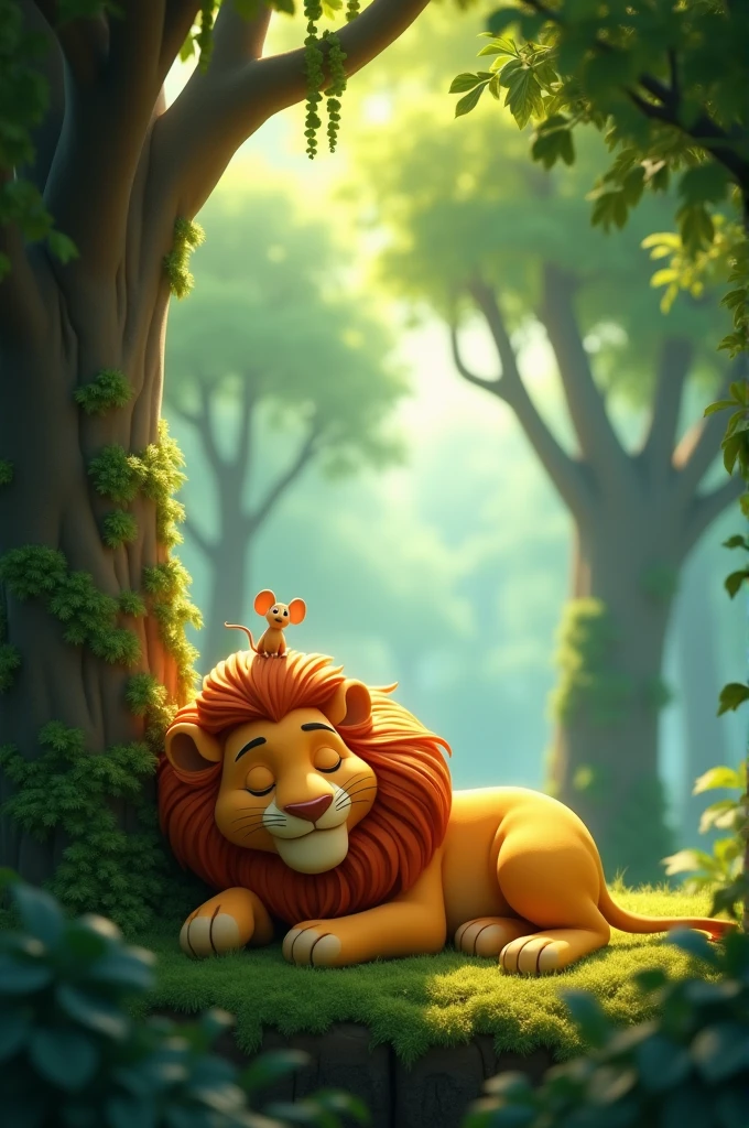 In 3d animation style "  A dense jungle with tall trees, vines, and a large, majestic lion peacefully sleeping under a tree. A small, playful mouse is climbing onto the lion’s back, unaware that it is disturbing the king of the jungle" 
