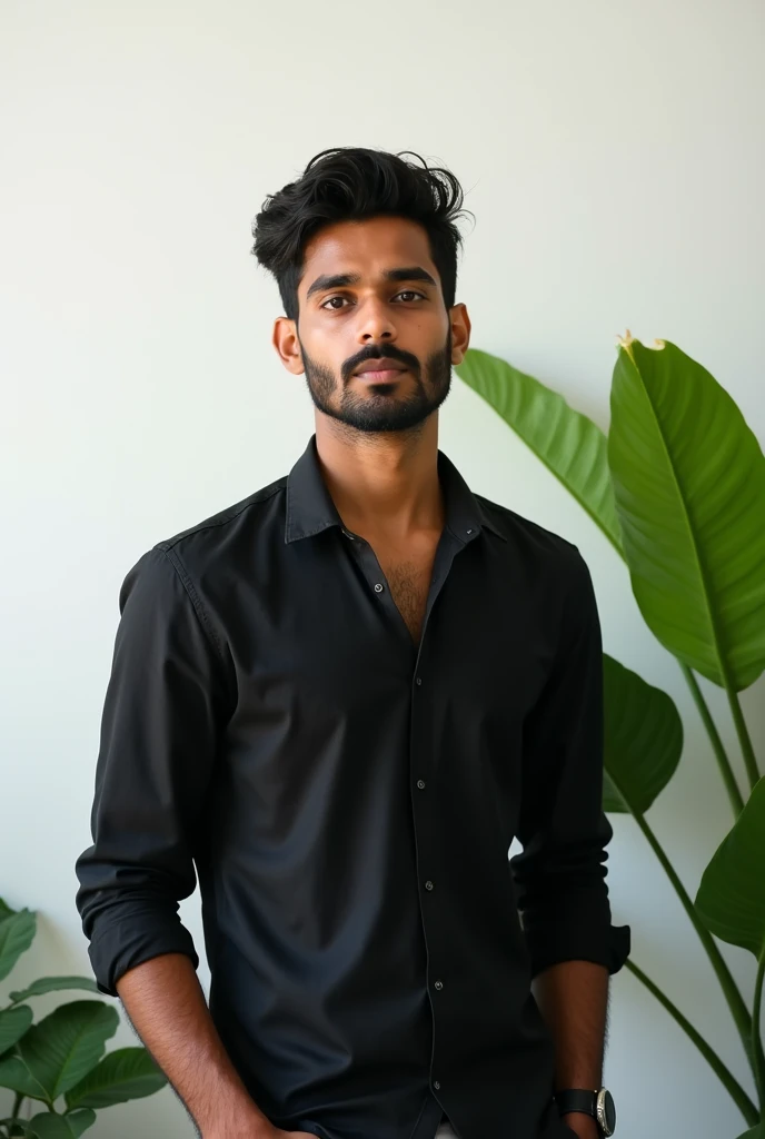 A handsome 20 years old indian boy , photoshoot, white background with green plants , simple pose , rough dry face skin , full body view , black shirt , with beard and moustache